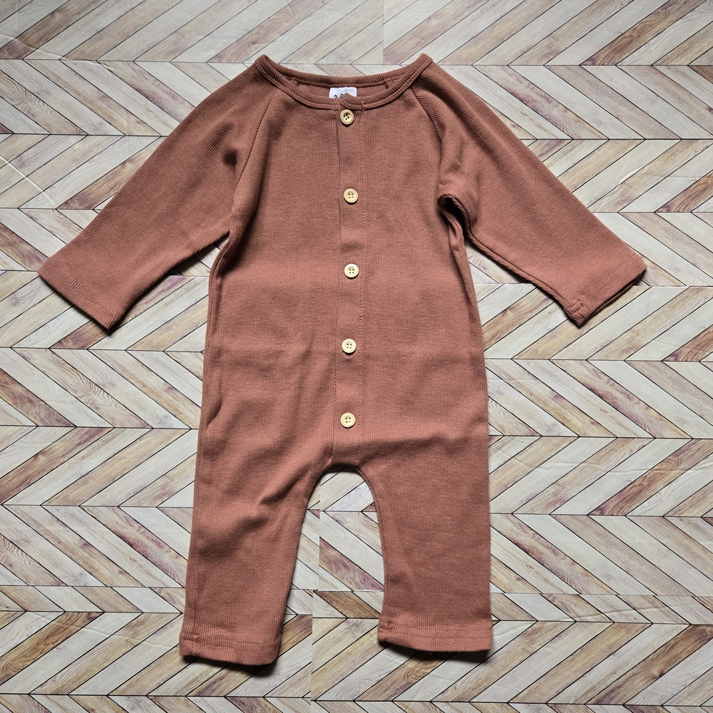 Baby Boy Girl Ribbed Long Sleeve Front Button Jumpsuit Cotton One Piece 6-9M